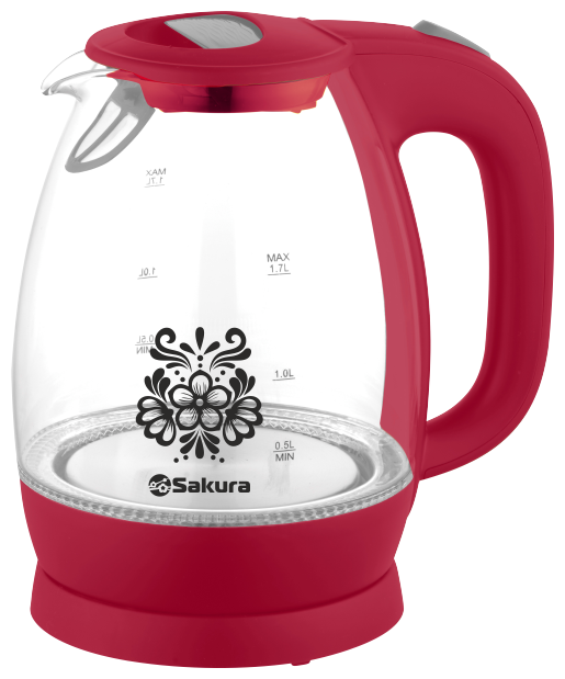 Изображение Электрический чайник Sakura SA-2715R (2200 Вт/1,7 л /стекло, пластик/красный, прозрачный)