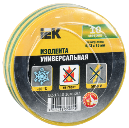 Изображение Изолента IEK UIZ-13-10-10M-K52 10 м х 15 мм   желтый, зеленый