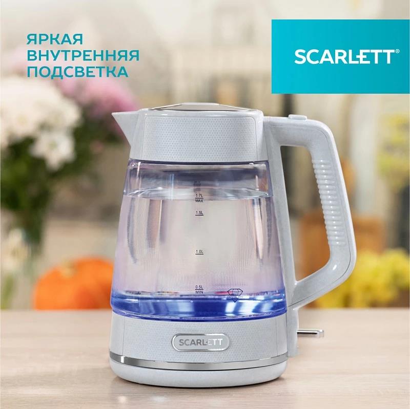 Изображение Электрический чайник Scarlett SC-EK27G104 (2200 Вт/1,7 л /стекло, пластик/прозрачный, белый)