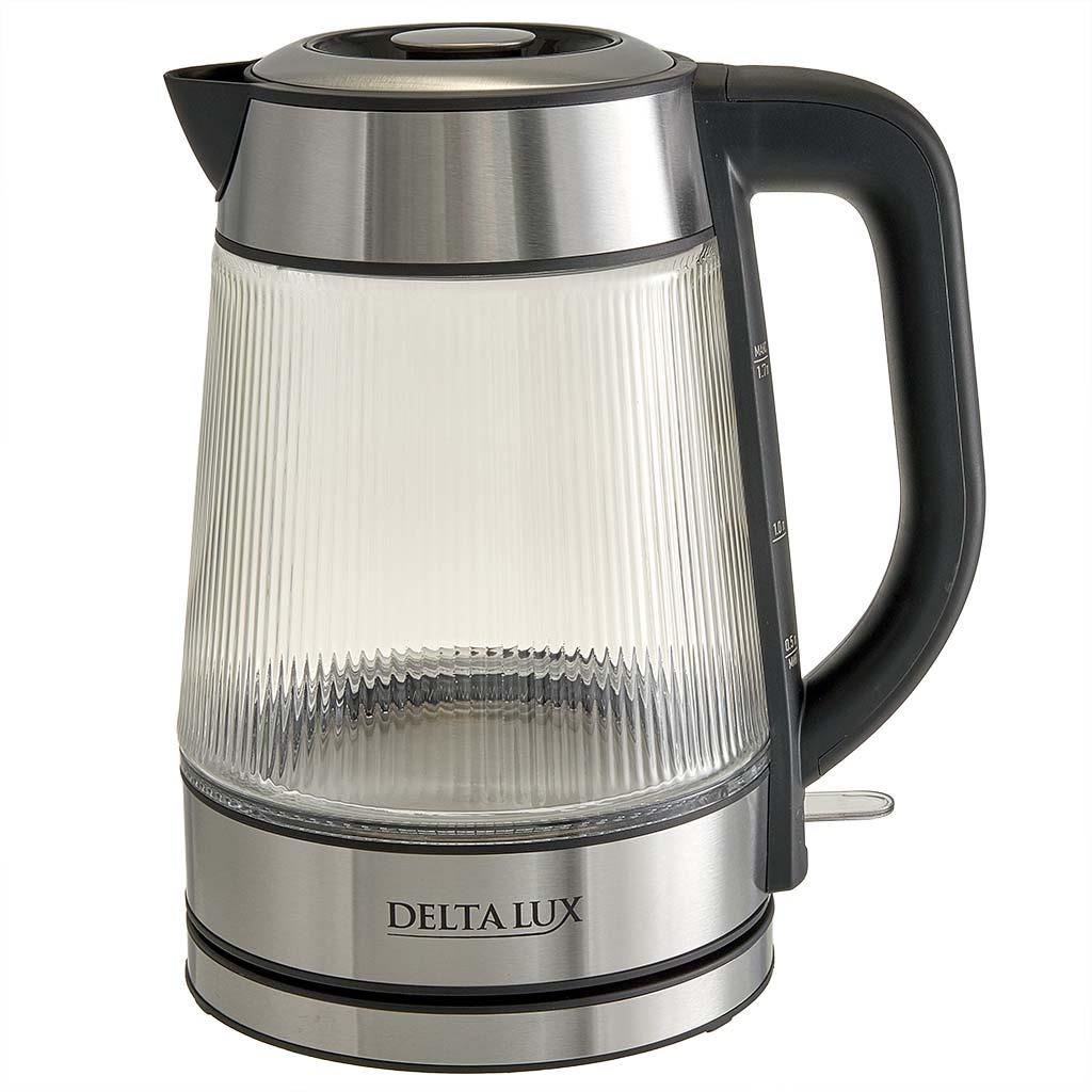 Изображение Электрический чайник DELTA LUX DE-1024 (2200 Вт/1,7 л /стекло/прозрачный, черный, нержавеющая сталь)