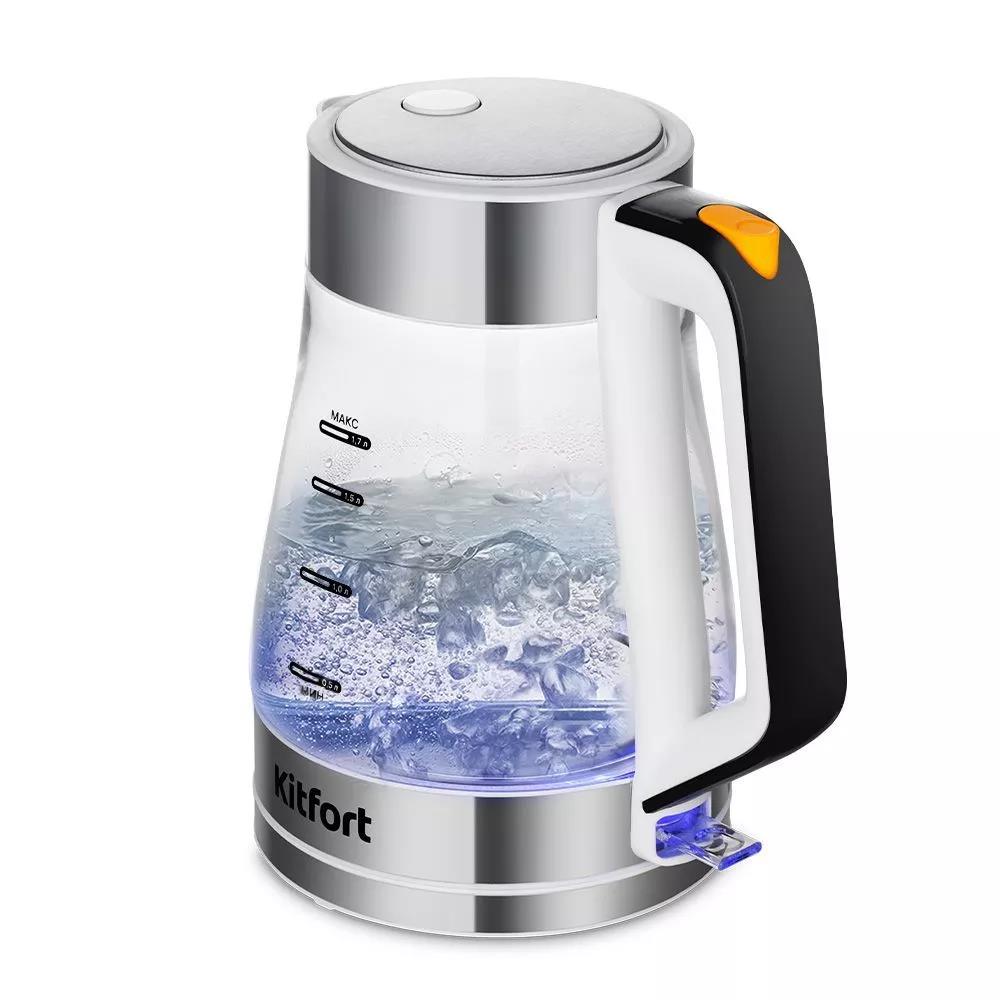 Изображение Электрический чайник Kitfort КТ-6626 (2000 Вт/1,7 л /стекло, пластик, нержавеющая сталь/прозрачный, белый, серебристый)