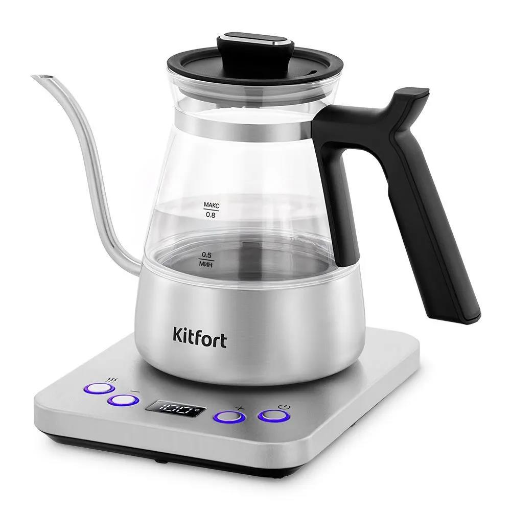 Изображение Электрический чайник Kitfort КТ-8707 для варки кофе (1300 Вт/0,8 л /стекло, пластик, нержавеющая сталь/прозрачный, черный, серебристый)