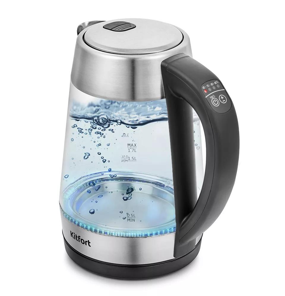 Изображение Электрический чайник Kitfort КТ-6107 (2000 Вт/1,7 л //прозрачный, черный, серебристый)