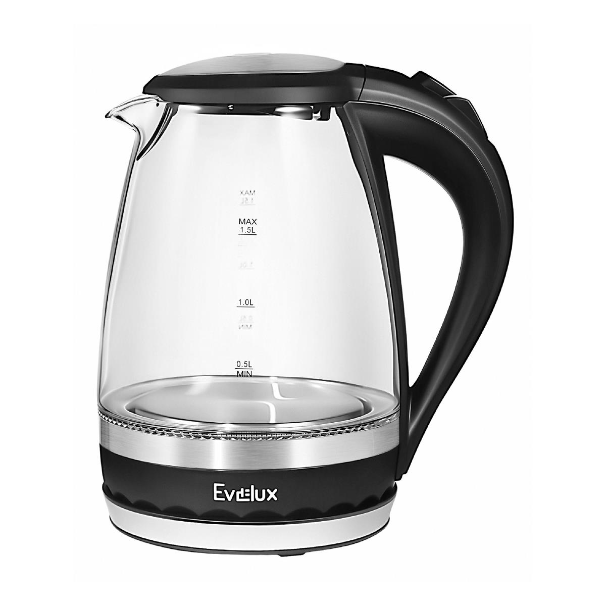 Изображение Электрический чайник Evelux EWK 0904 G (2200 Вт/1,5 л /стекло/прозрачный, черный, серебристый)