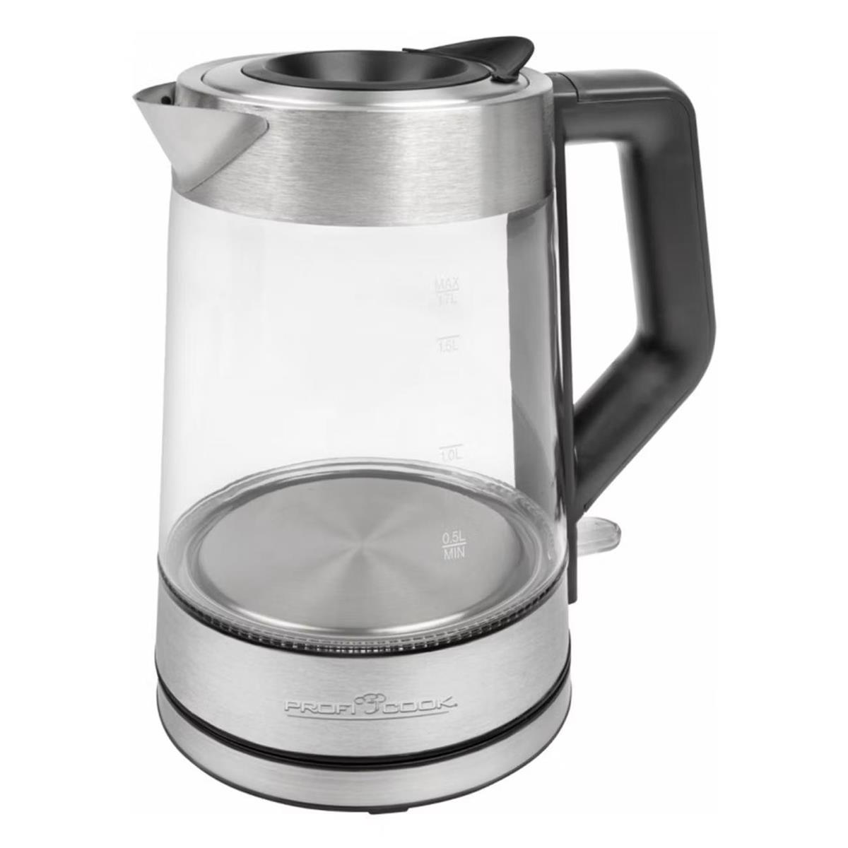 Изображение Электрический чайник PROFI COOK PC-WKS 1190 G (2200 Вт/1,7 л /стекло, металл, пластик/прозрачный, нержавеющая сталь)