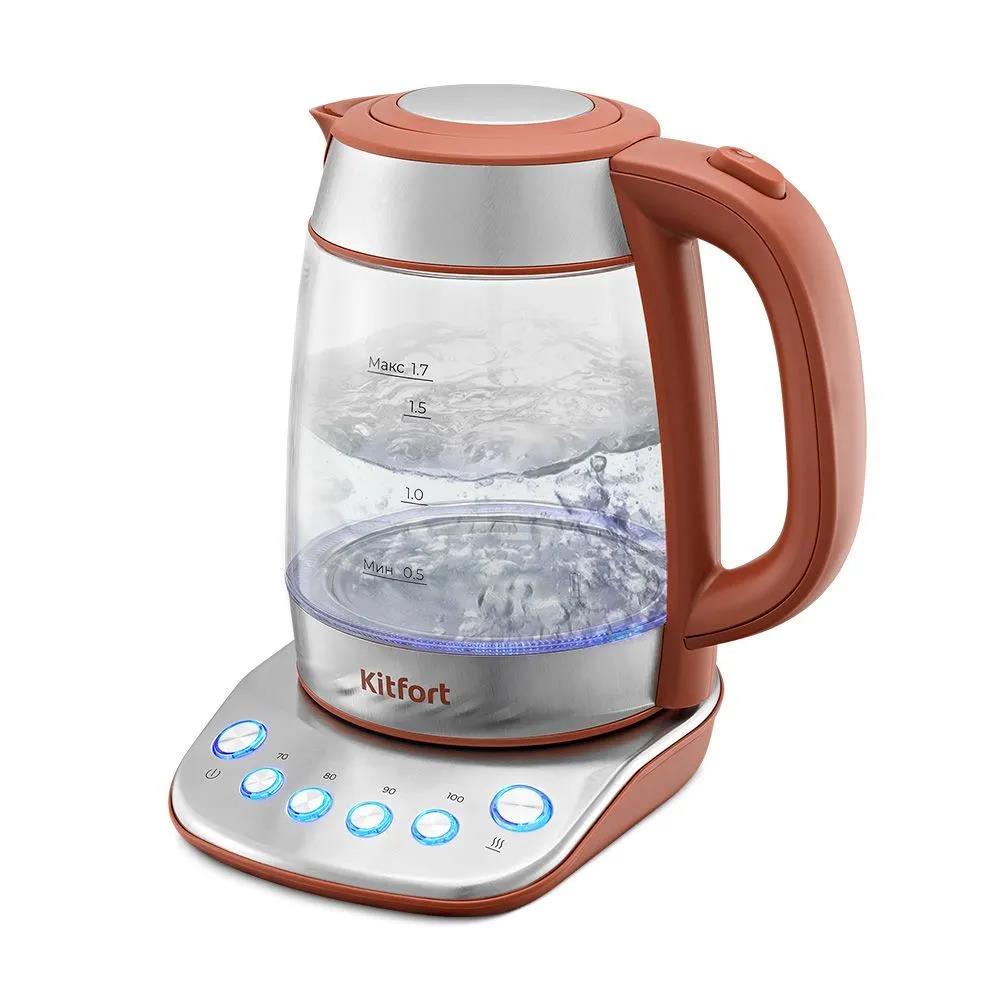 Изображение Электрический чайник Kitfort КТ-6787  (2200 Вт/1,7 л /стекло, металл, пластик/коричневый, прозрачный, серебристый)