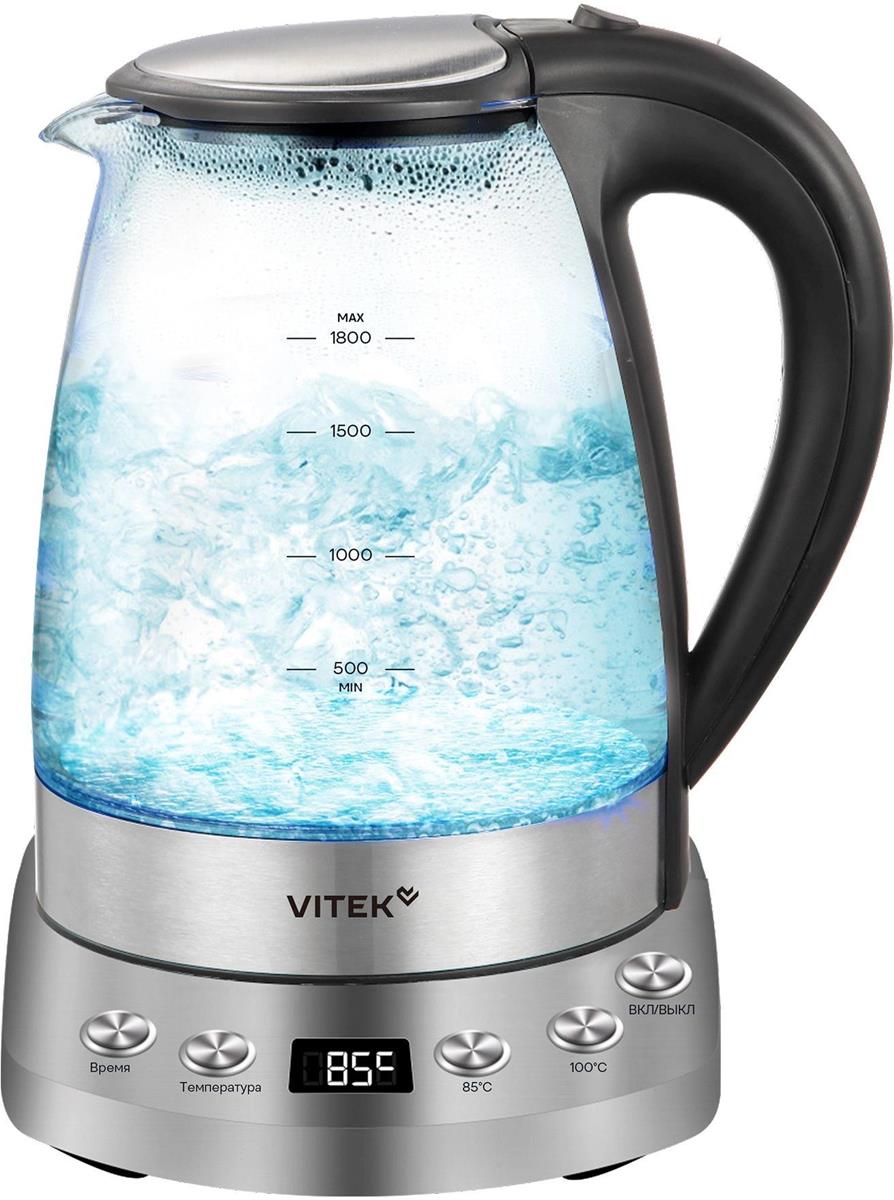 Изображение Электрический чайник VITEK VT-WK1075 1.7л. 1800Вт (1800 Вт/1,7 л /стекло, металл/прозрачный, черный, серебристый)