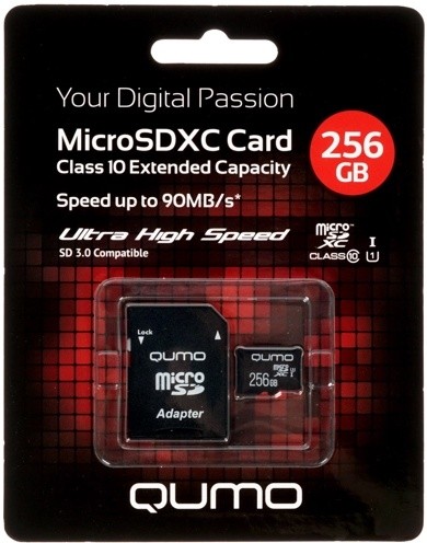 Изображение Карта памяти Qumo MicroSDXC Class 10 256 Гб адаптер на SD QM256GMICSDXC10U1