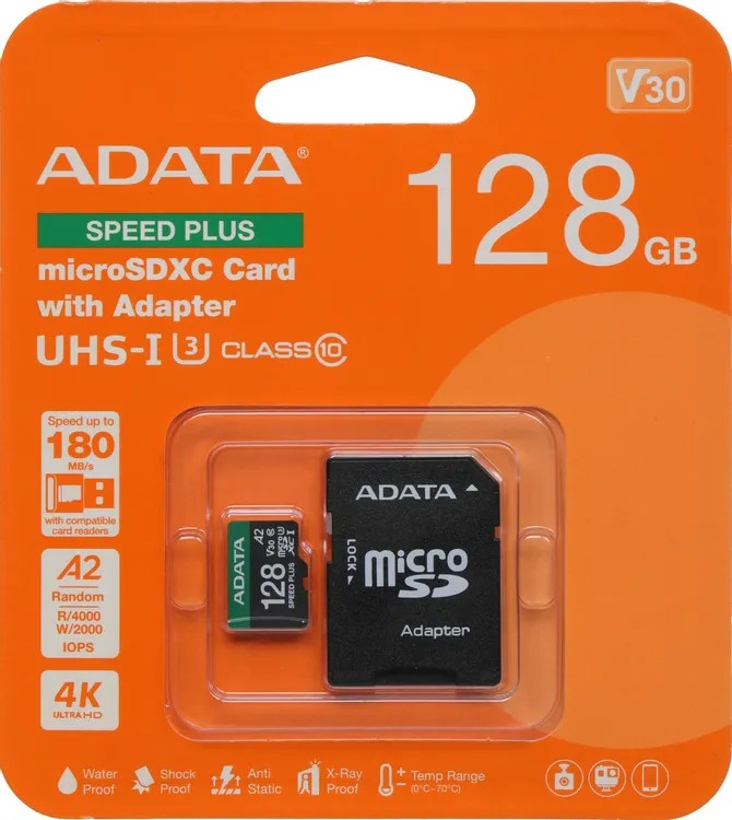 Изображение Карта памяти ADATA MicroSDXC Class 10 128 Гб адаптер на SD UD128GUI3V30A2SP-RA1