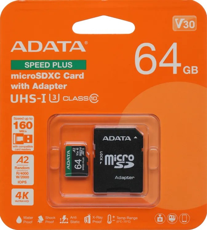 Изображение Карта памяти ADATA MicroSDXC Speed Plus Class 10 64 Гб адаптер на SD UD64GUI3V30A2SP-RA1