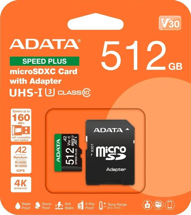 Изображение Карта памяти ADATA MicroSDXC Speed Plus Class 10 512 Гб адаптер на SD UD512GUI3V30A2SP-RA1
