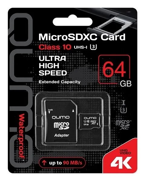 Изображение Карта памяти Qumo MicroSDXC Class 10 64 Гб адаптер на SD QM64GMICSDXC10U3BL